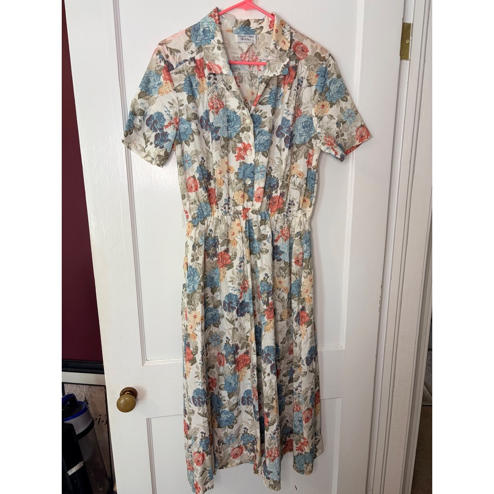 Stuart Alan Petites Vintage Floral Midi Dress Blue Coral Button Front Size 14P